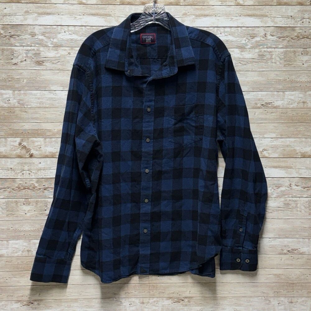 Untuckit Blue Black Buffalo Check Flannel Shirt Relaxed Fit Mens XL